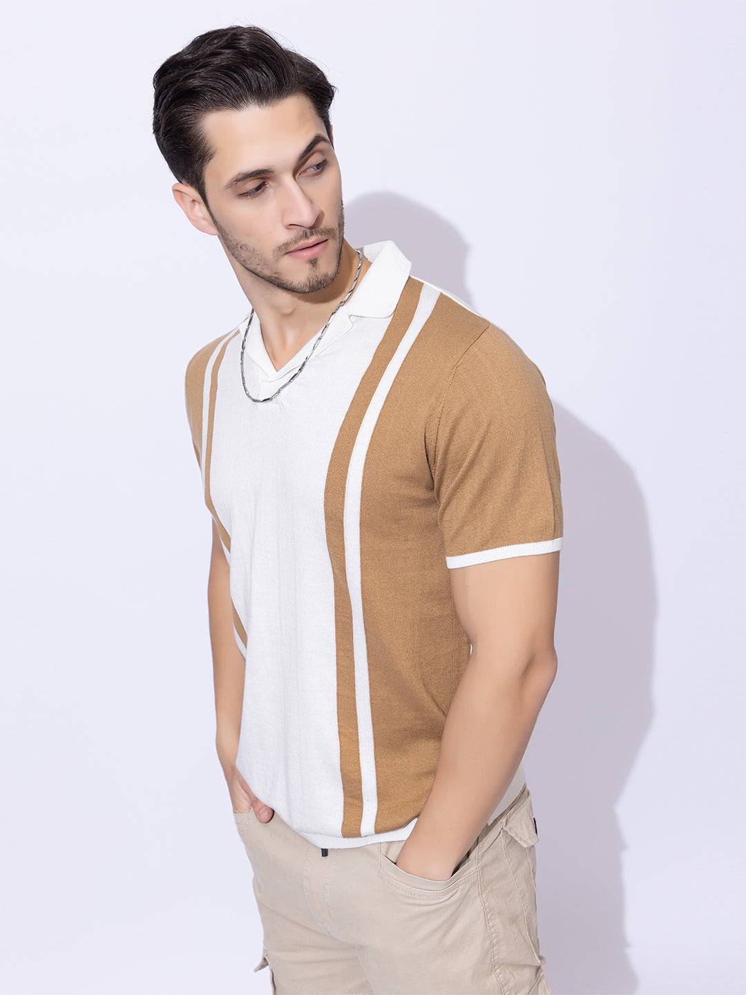 617 Striped Cuban Collar Pure Cotton T-shirt I White