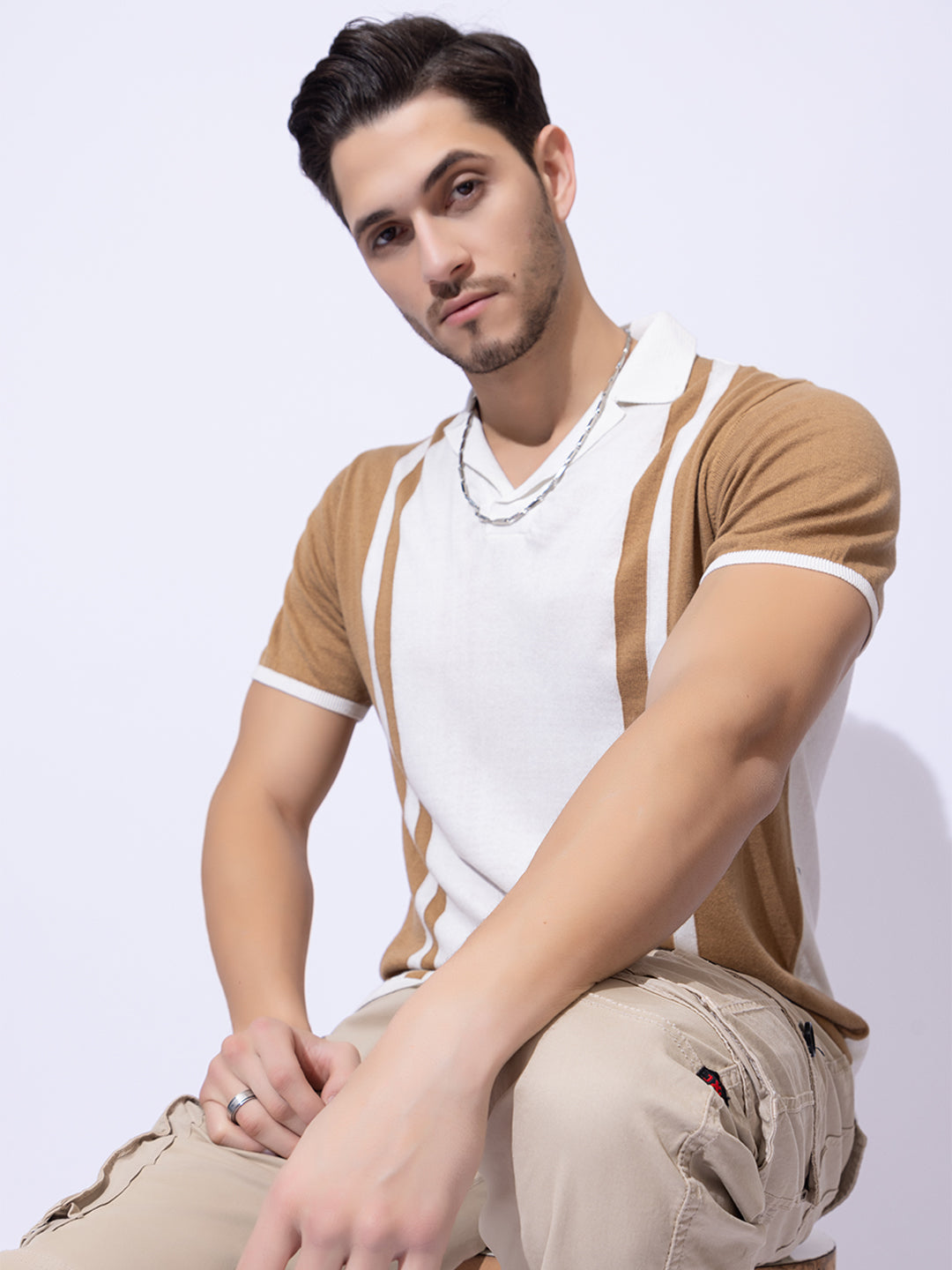 617 Striped Cuban Collar Pure Cotton T-shirt I White