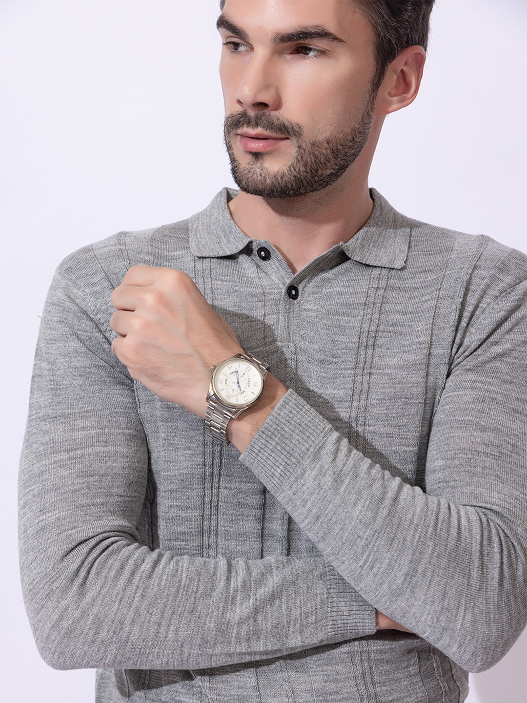 243 Cable Knit Woollen Polo I Woolmark Certified I Grey