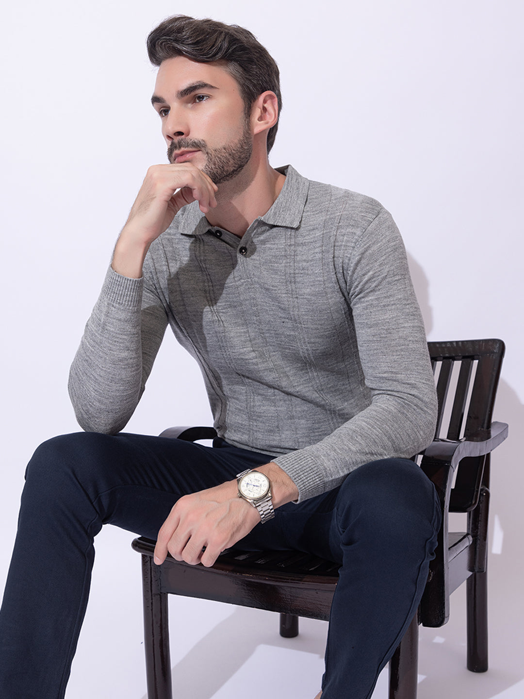 243 Cable Knit Woollen Polo I Woolmark Certified I Grey