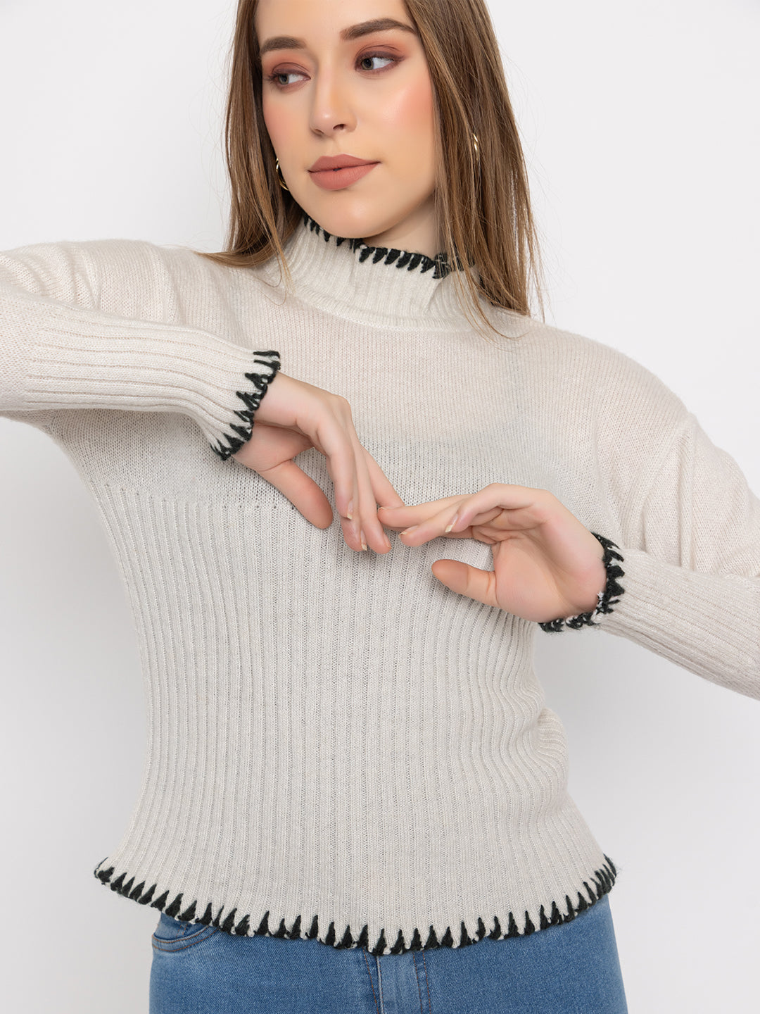 328 Ribbed High Neck Pullover I White