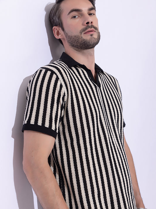 507 Striped Crochet Resort T-shirt I Black