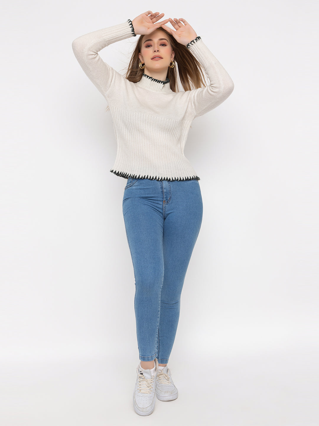 328 Ribbed High Neck Pullover I White