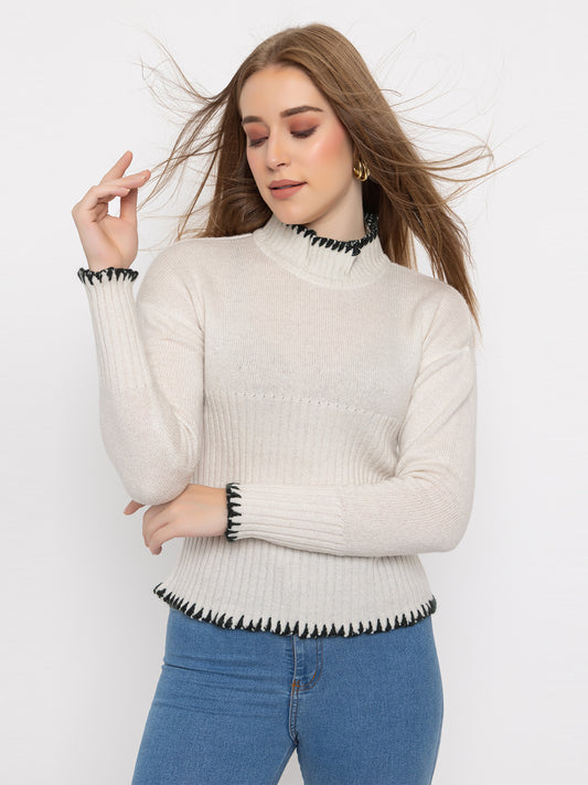 328 Ribbed High Neck Pullover I White