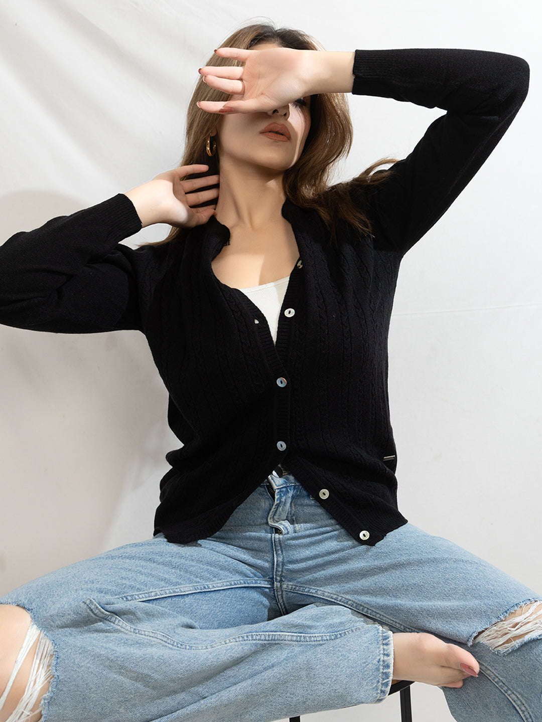 318 Wool Cable Knit Cardigan I Black
