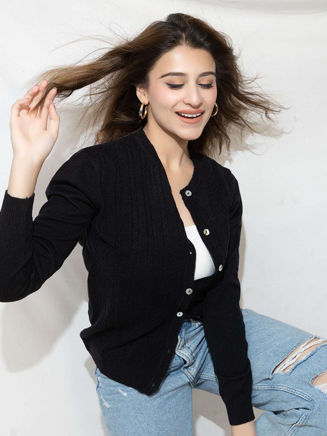 318 Wool Cable Knit Cardigan I Black