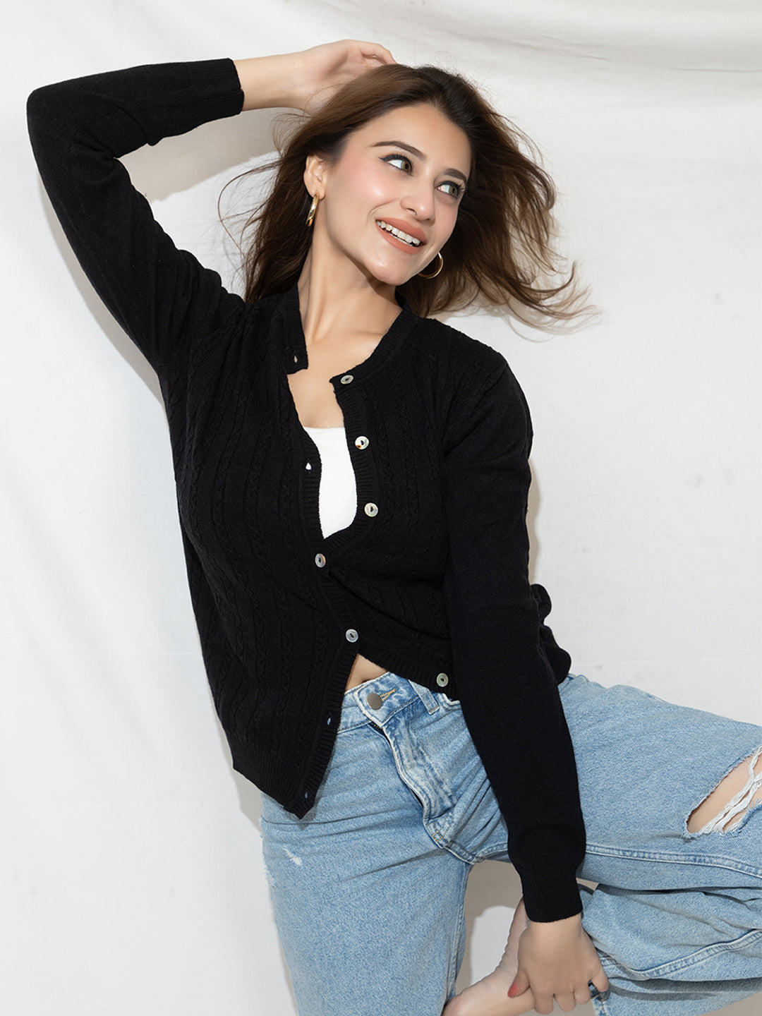 318 Wool Cable Knit Cardigan I Black