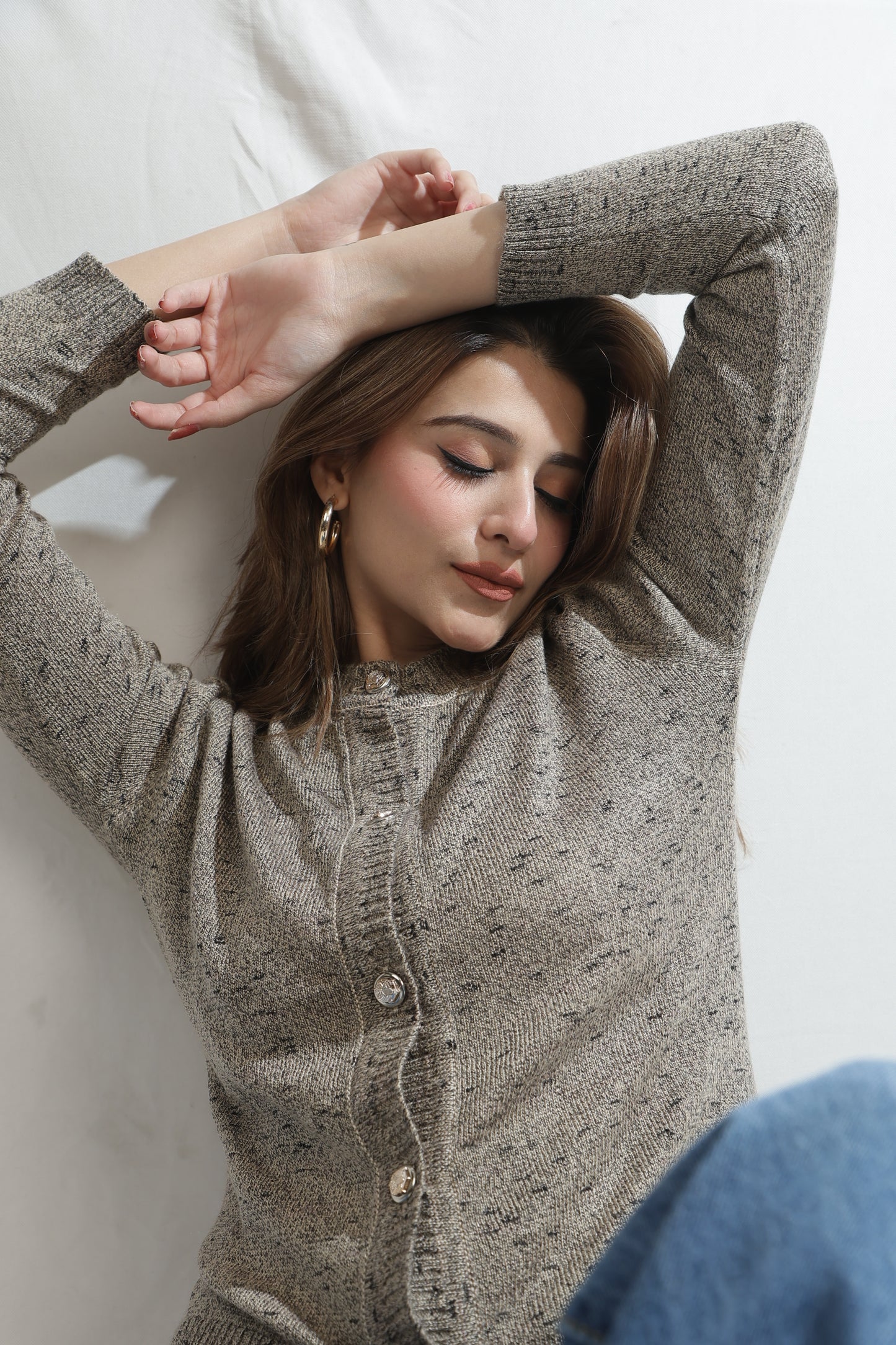 335 Speckled Knit Cardigan with Metallic Button