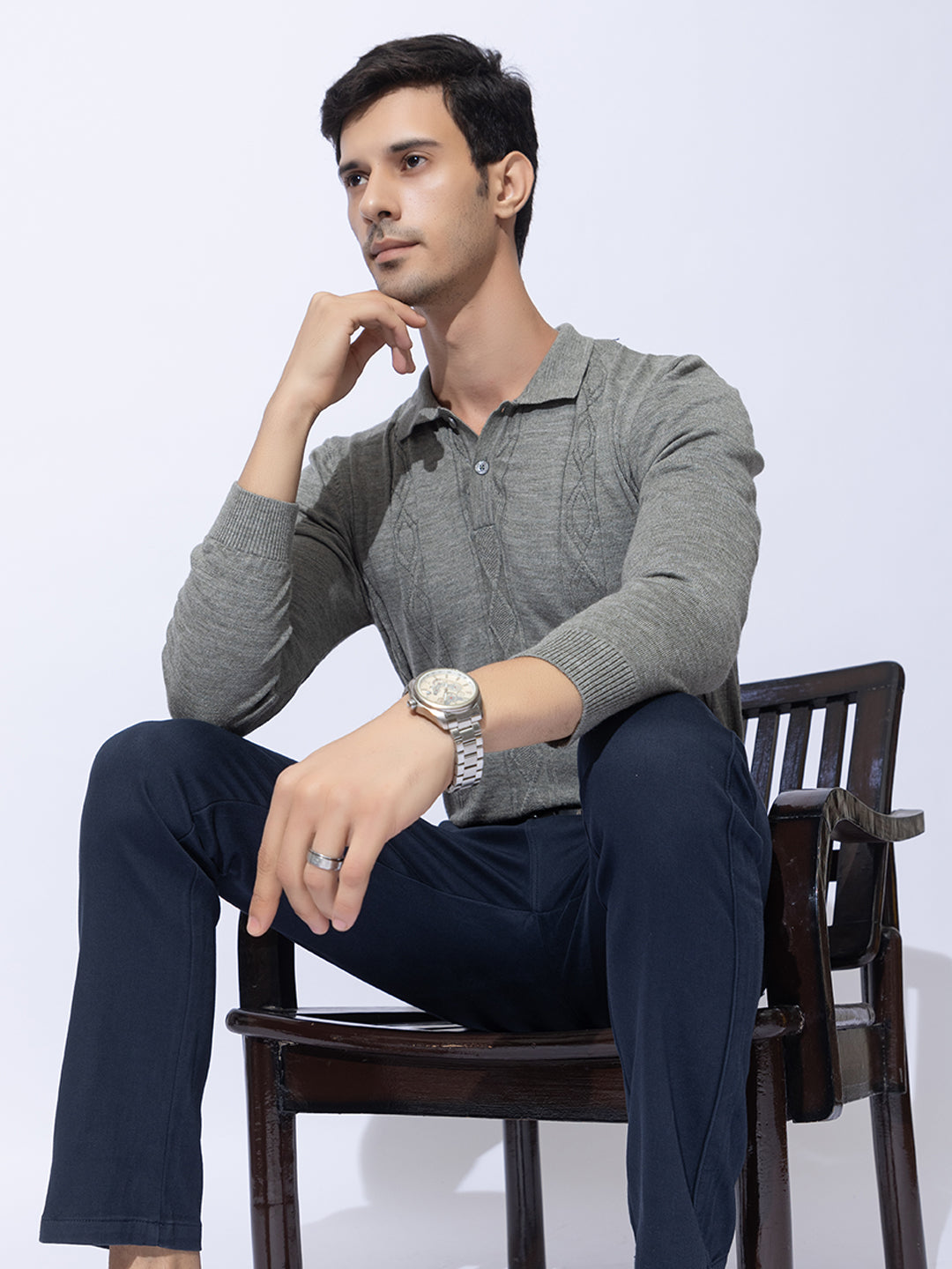 243 Cable Knit Woollen Polo I Woolmark Certified I Olive