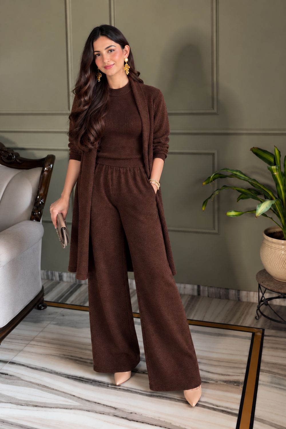 Winter 3-PC Knit Co-Ord Set I Smoked Burgundy I Top + Bottom + Shrug