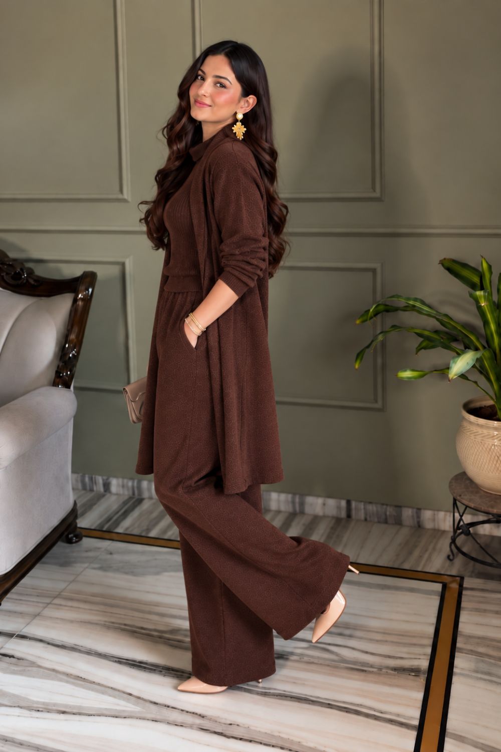 Winter 3-PC Knit Co-Ord Set I Smoked Burgundy I Top + Bottom + Shrug