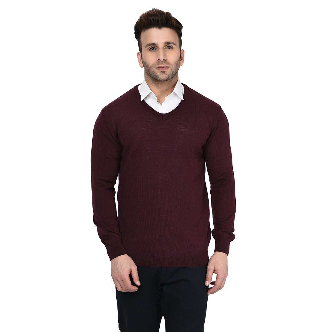 214 V-Neck Pullover I Pure Wool I Woolmark Certified I Burgundy (Last Few Pieces)