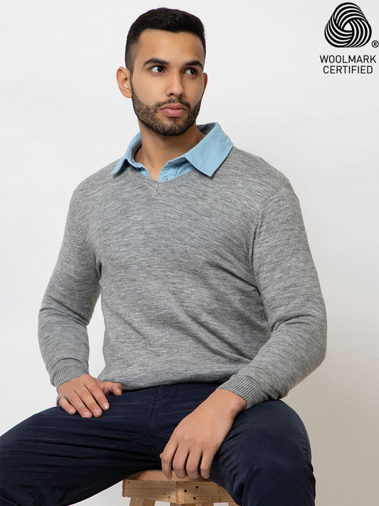 215 Solid Pullover I Wool I Woolmark Certified I Grey Melange