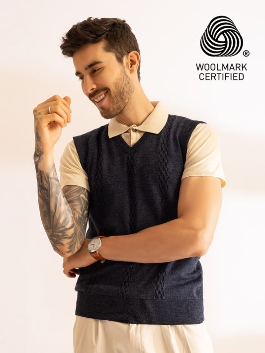 Cable Knit Sleeveless Vest Pullover I Wool I Woolmark Certified I Blue Melange