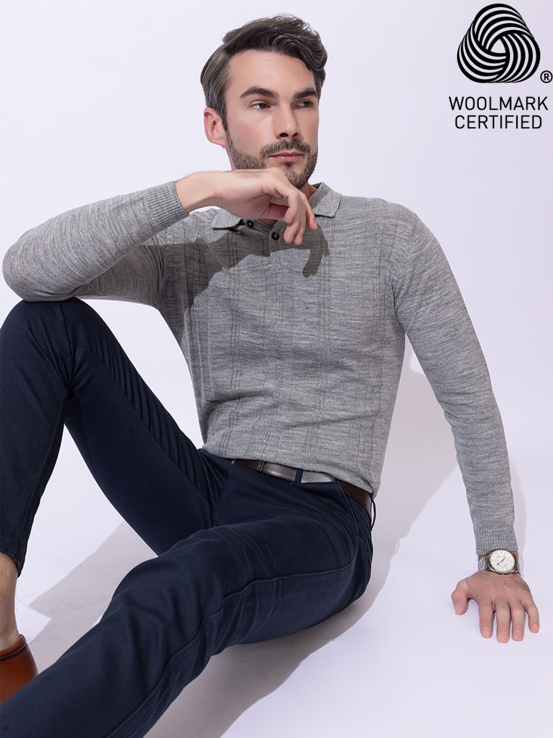 243 Cable Knit Woollen Polo I Woolmark Certified I Grey