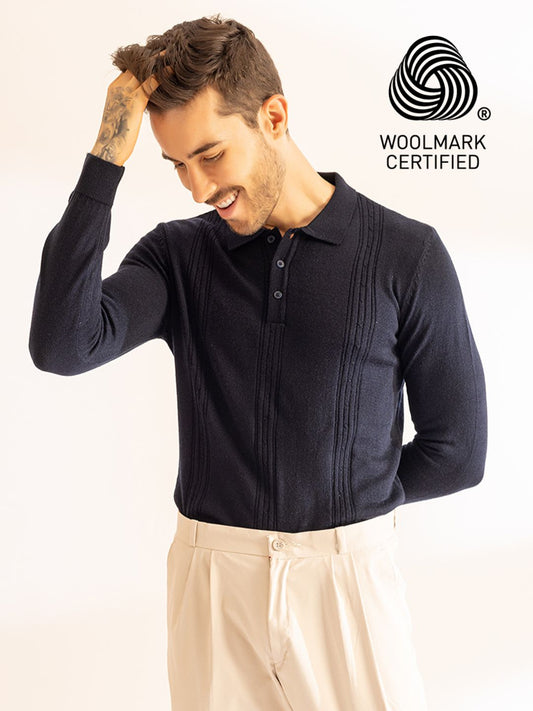 Cable Knit Woollen Polo I Woolmark Certified I French Navy