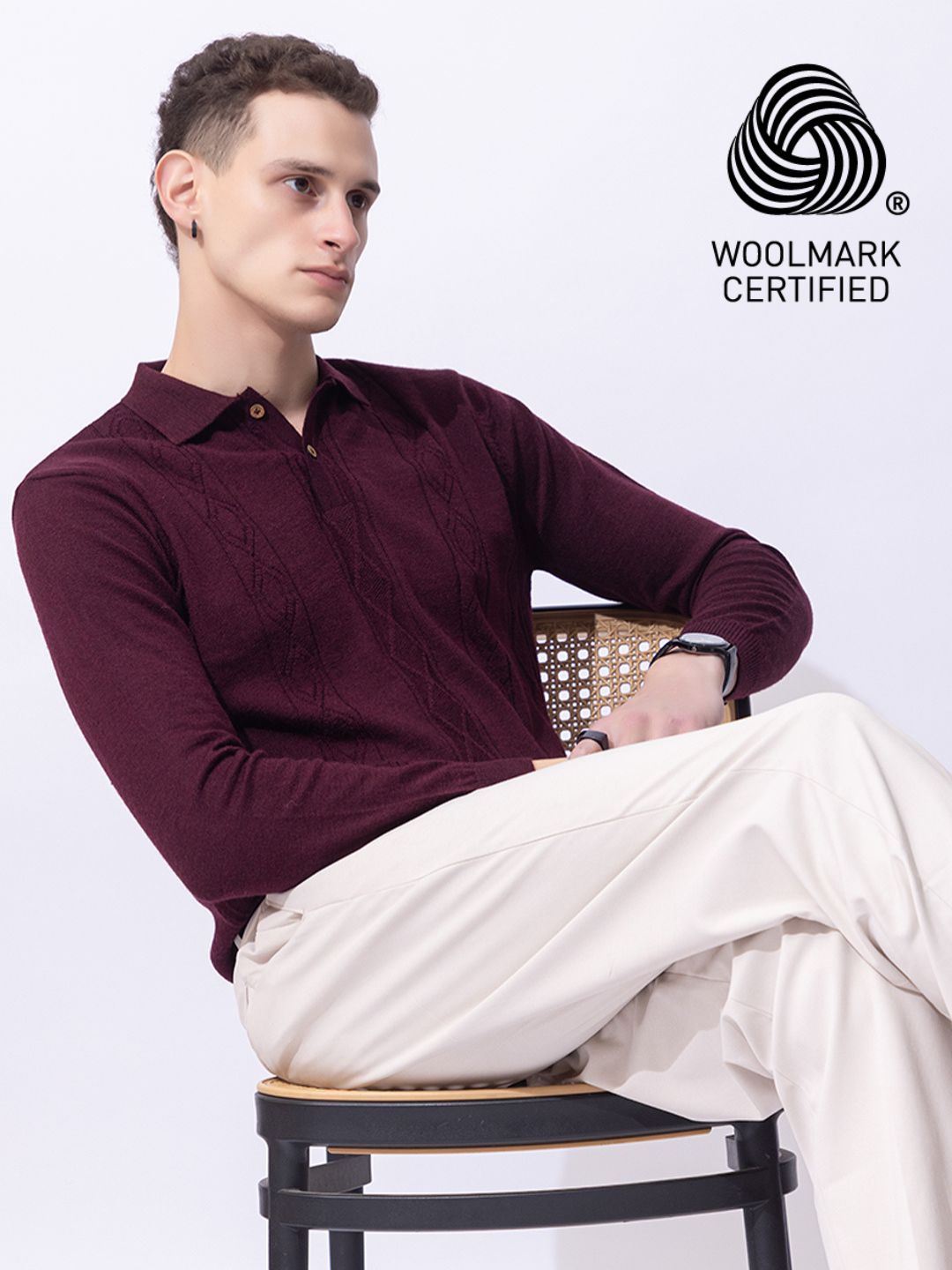 243 Cable Knit Woollen Polo I Woolmark Certified I Burgundy Wine