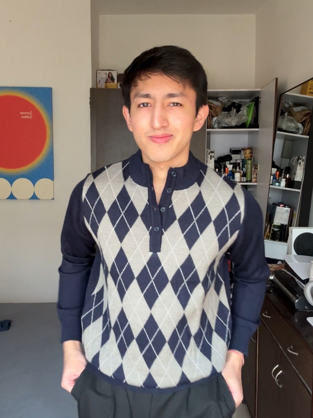 250 Mock Neck Argyle Pullover I Woolmark Certified I Navy
