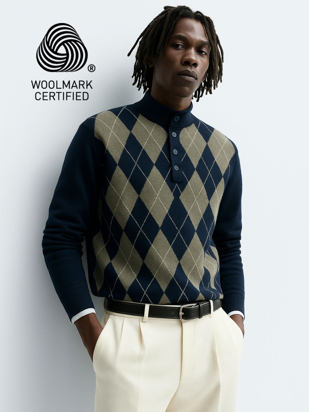 250 Mock Neck Argyle Pullover I Woolmark Certified I Navy