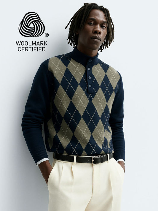 250 Mock Neck Argyle Pullover I Woolmark Certified I Navy