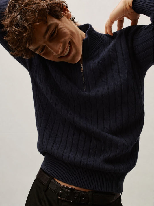 252 Half Zip Chunky Cable Pullover I French Navy