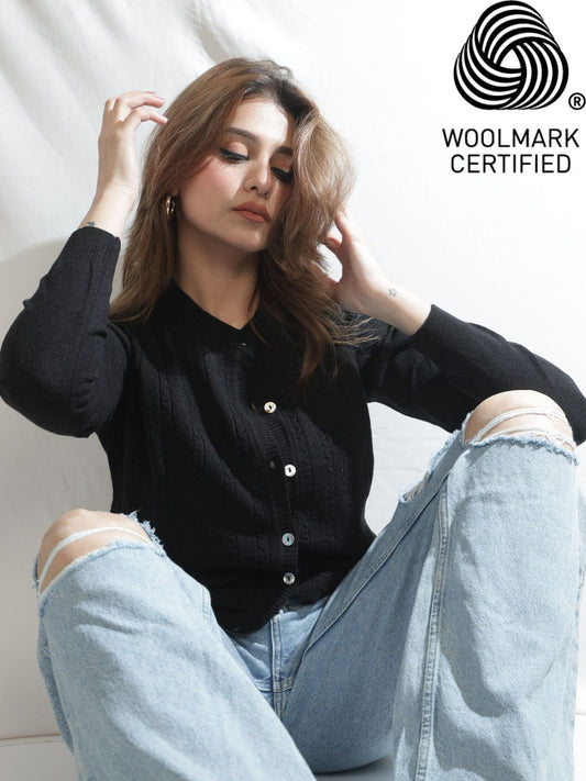 318 Wool Cable Knit Cardigan I Black