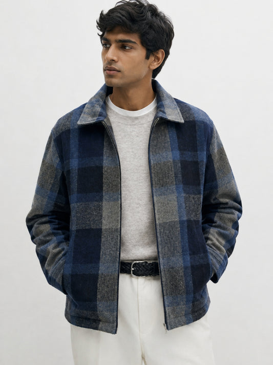 906 Checked Flanner Wool Coat Jacket I Blue Dusk I Athletic Fit