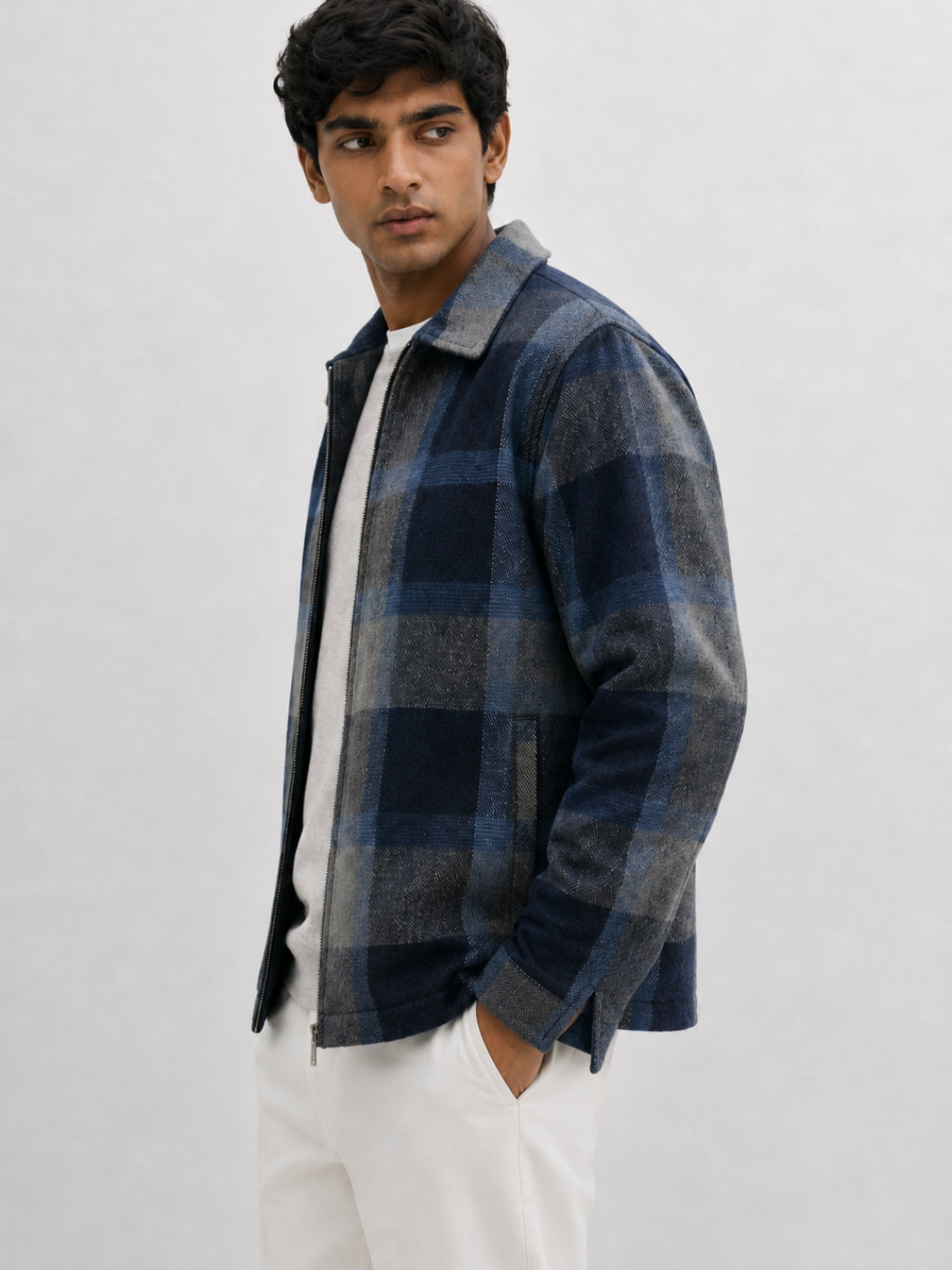 907 Checked Flanner Wool Coat Jacket I Blue Dusk I Athletic Fit