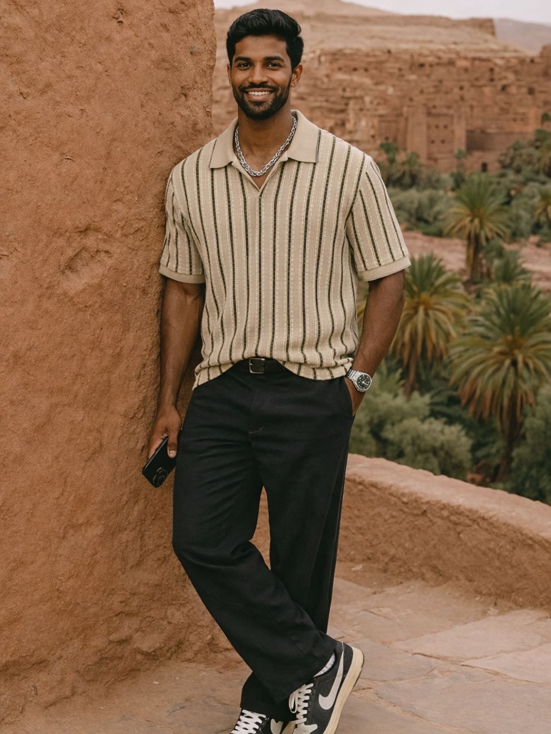 507 Striped Crochet Resort T-shirt I Camel