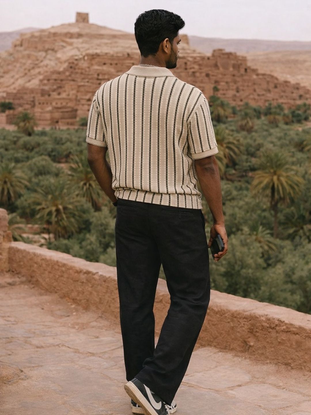 507 Striped Crochet Resort T-shirt I Camel