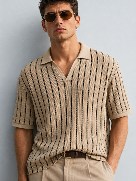 507 Striped Crochet Resort T-shirt I Camel