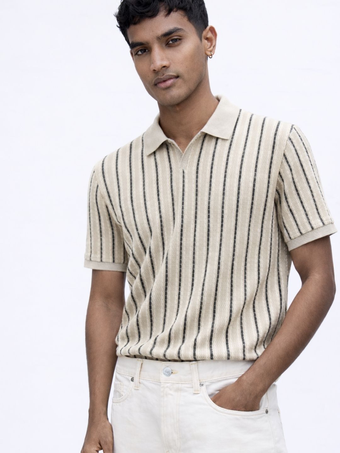 507 Striped Crochet Resort T-shirt I Camel