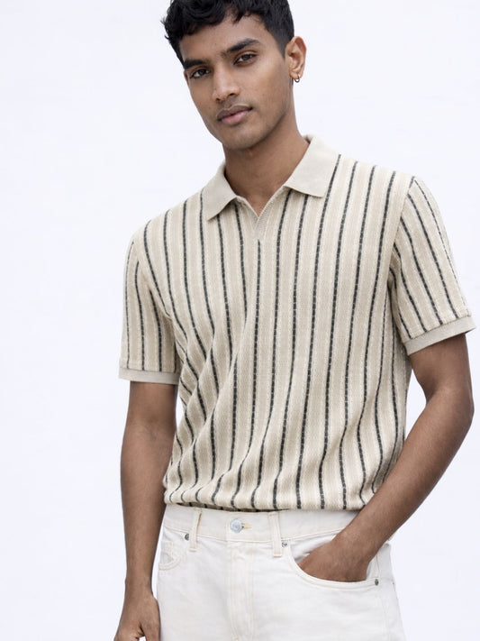 507 Striped Crochet Resort T-shirt I Camel