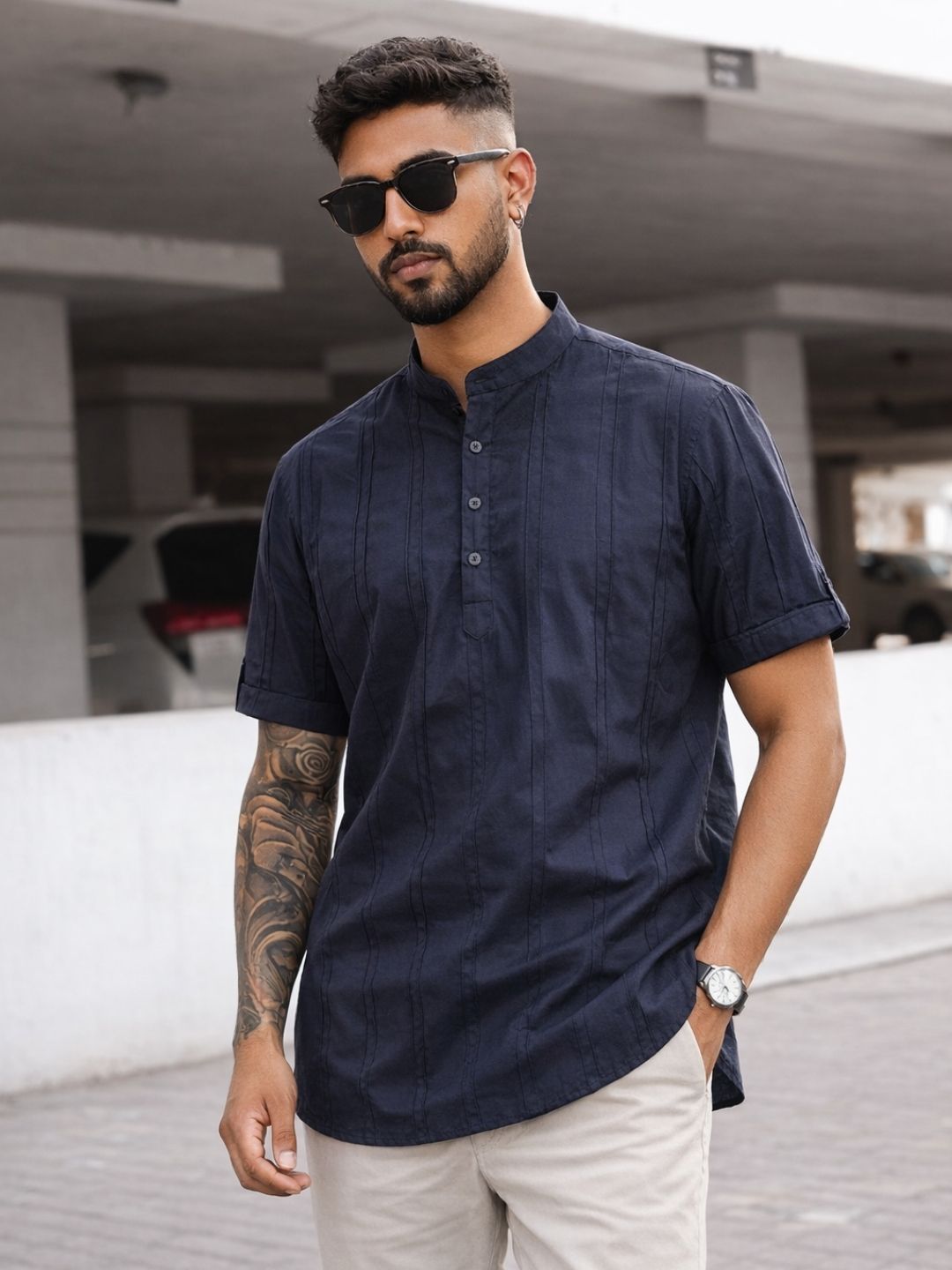 Pinstriped Festive Kurta Shirt I Half Sleeves I French Navy