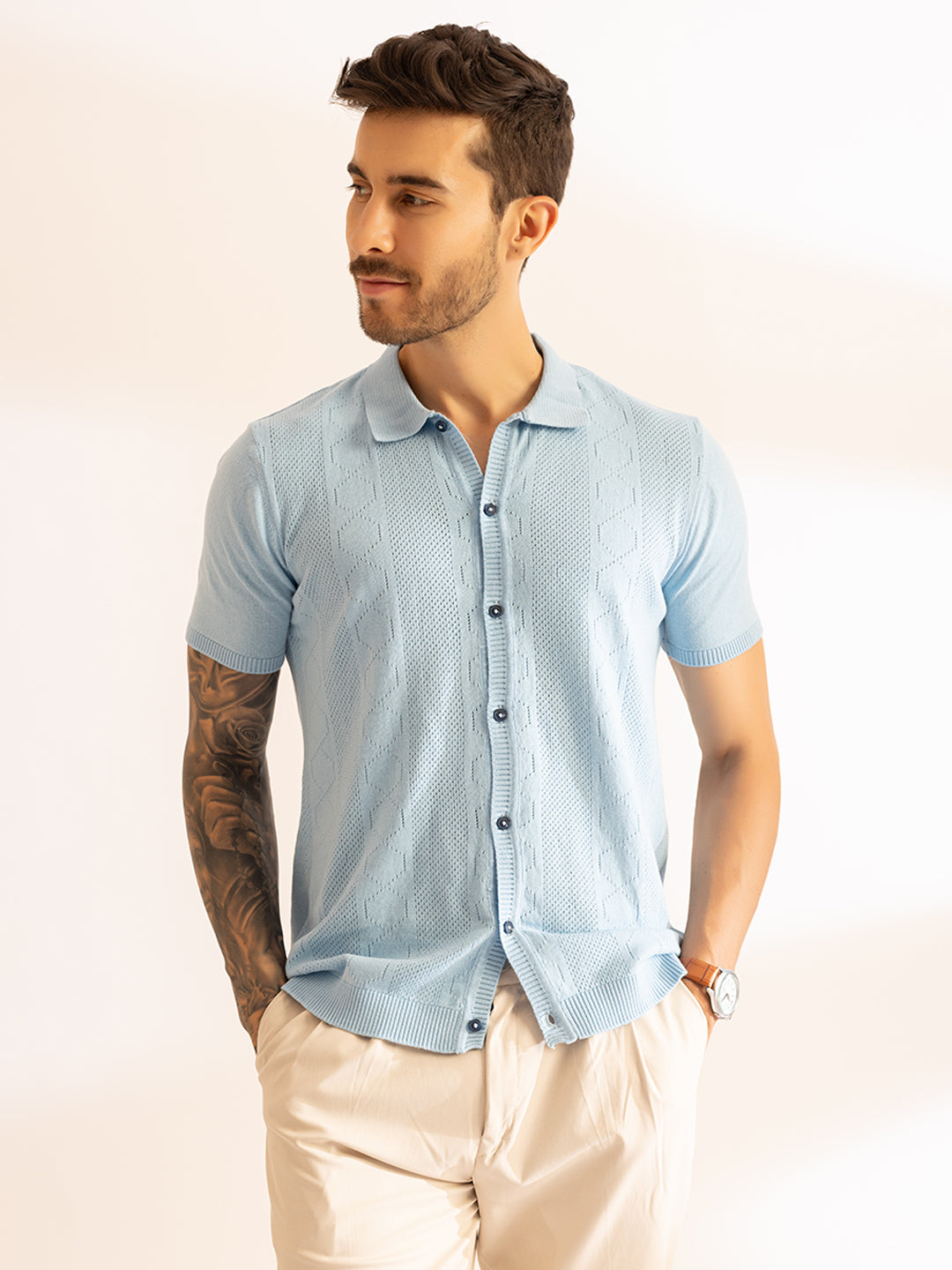 French Riviera Knit Front Button Polo I 625 Sky