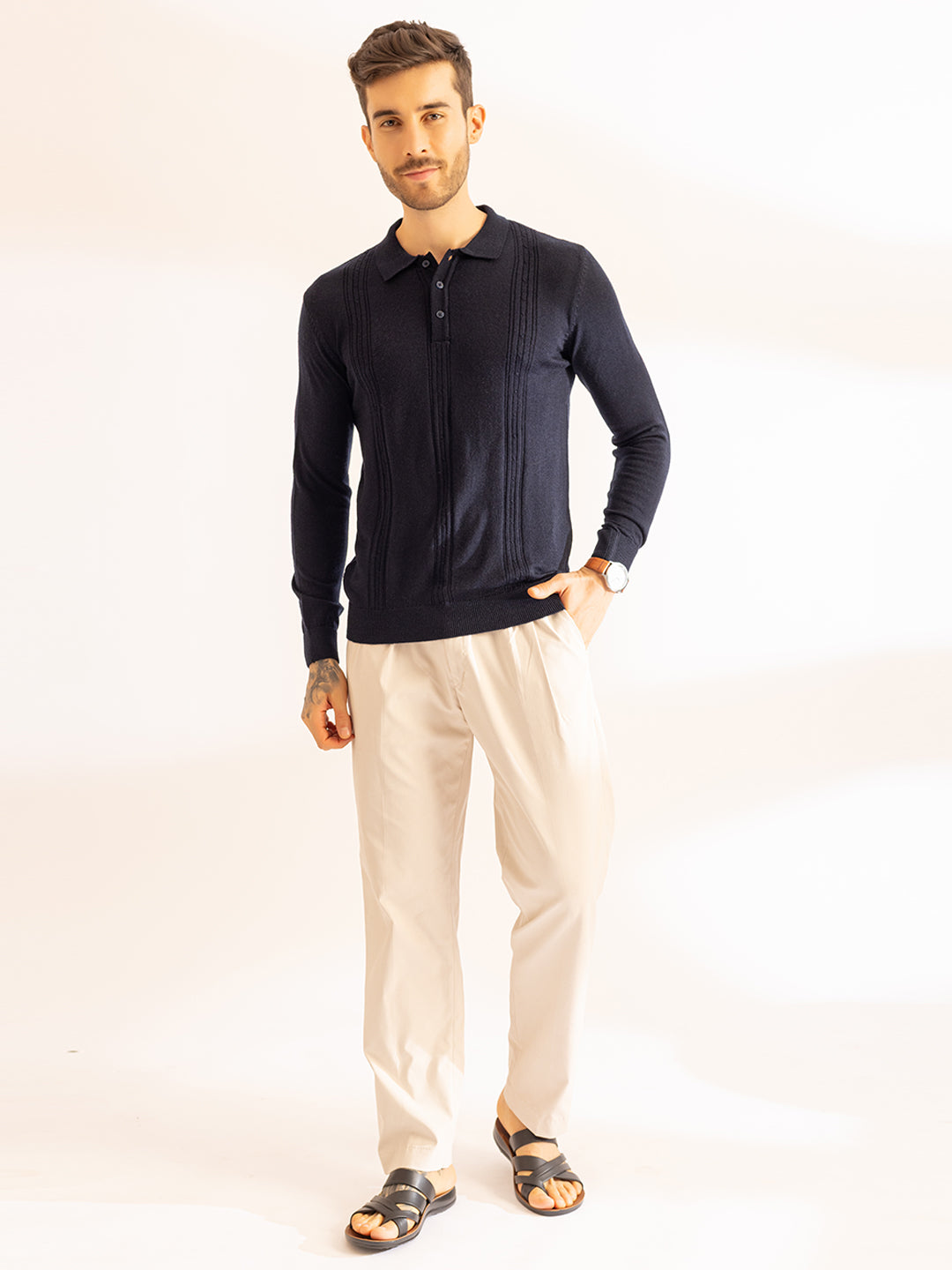 Cable Knit Woollen Polo I Woolmark Certified I French Navy
