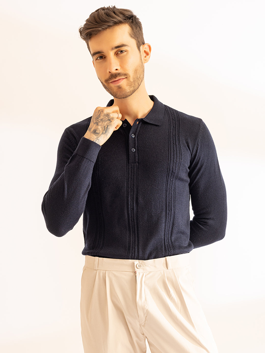 Cable Knit Woollen Polo I Woolmark Certified I French Navy