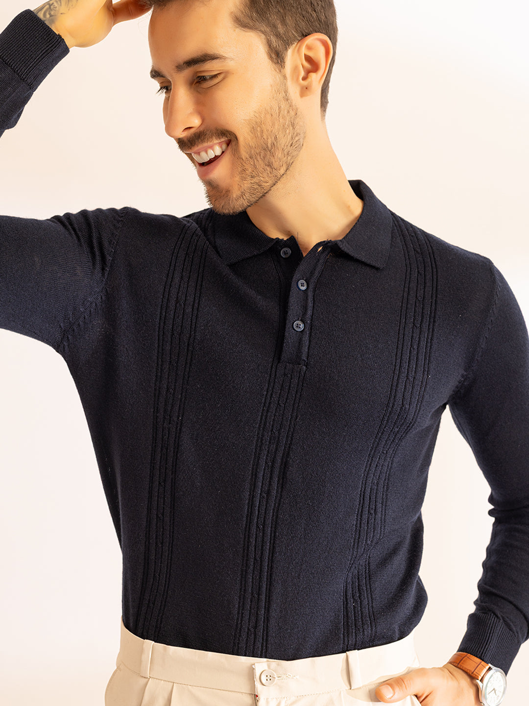 Cable Knit Woollen Polo I Woolmark Certified I French Navy