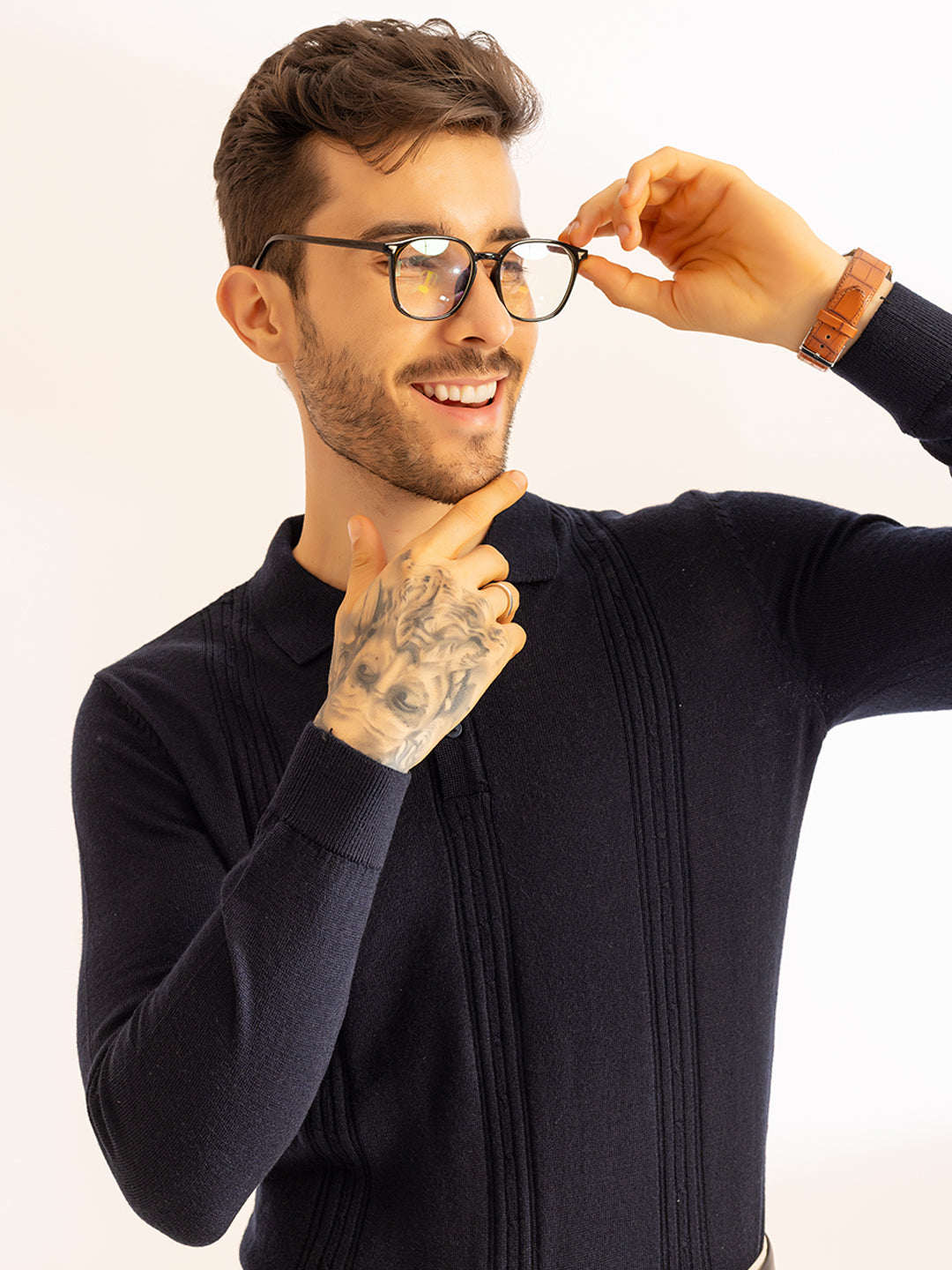 Cable Knit Woollen Polo I Woolmark Certified I French Navy