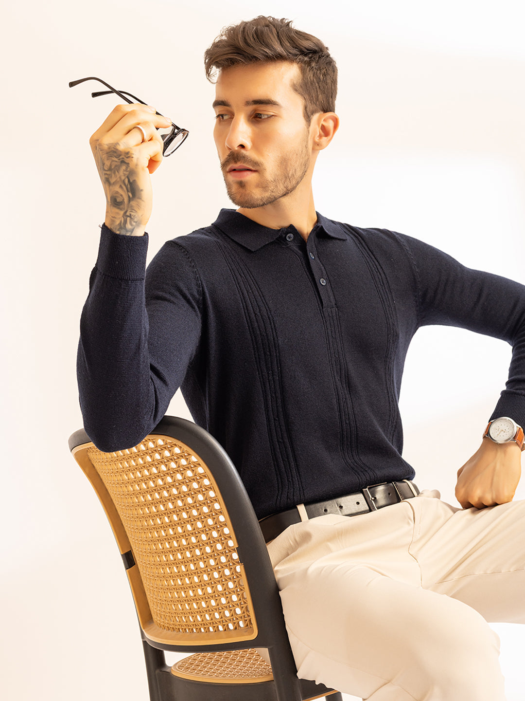 Cable Knit Woollen Polo I Woolmark Certified I French Navy