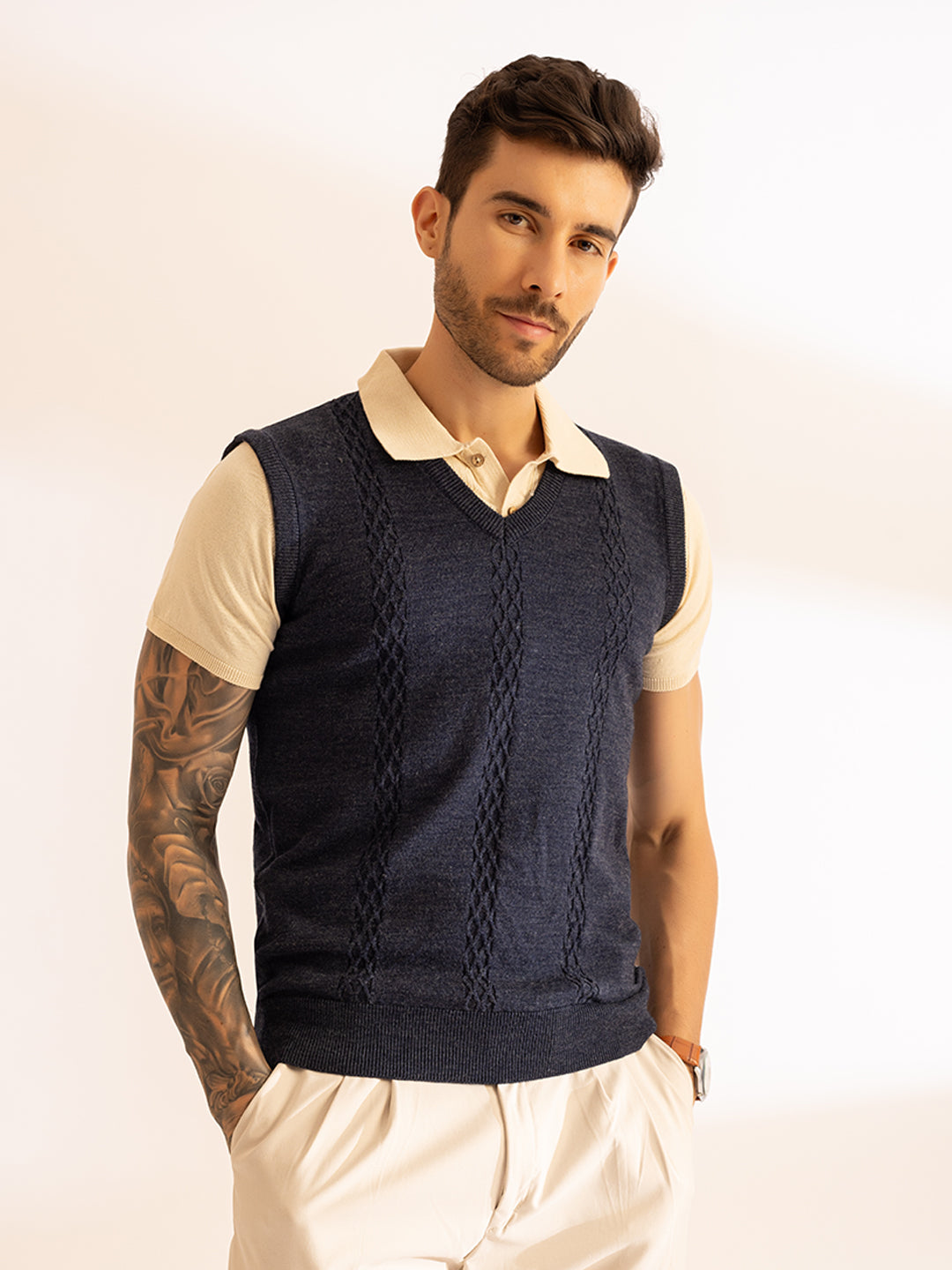 Cable Knit Sleeveless Vest Pullover I Wool I Woolmark Certified I Blue Melange