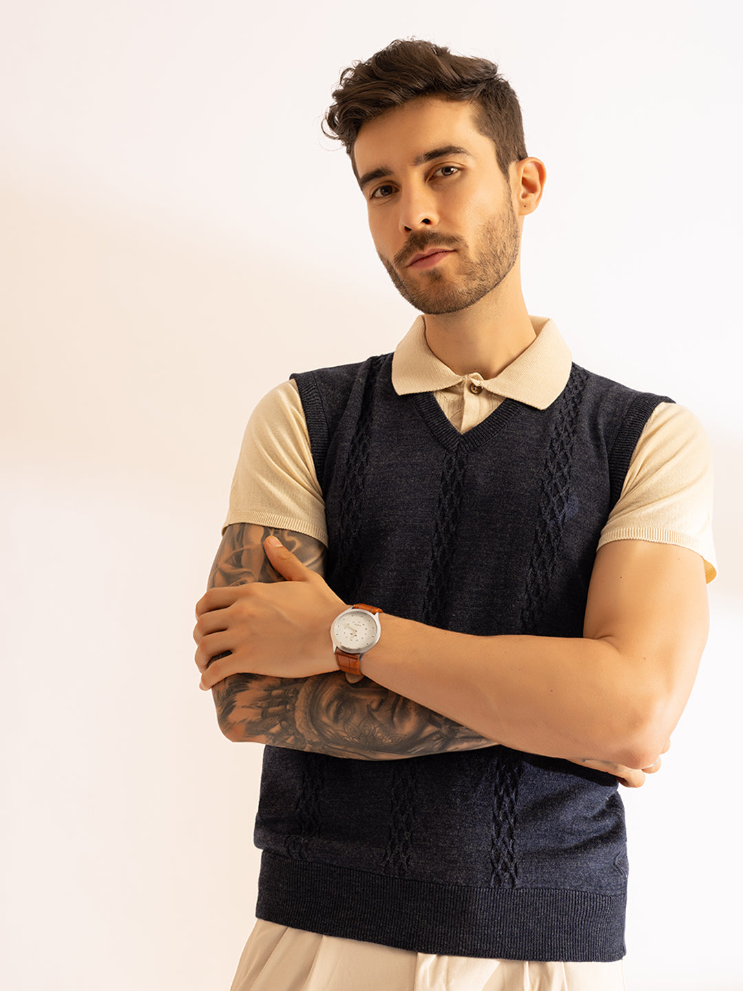 Cable Knit Sleeveless Vest Pullover I Wool I Woolmark Certified I Blue Melange