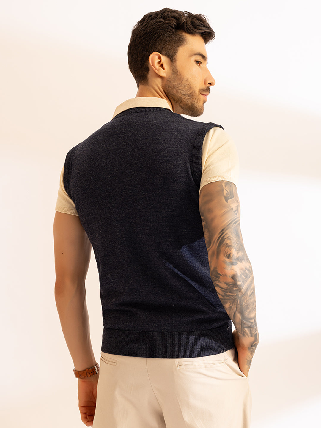 Cable Knit Sleeveless Vest Pullover I Wool I Woolmark Certified I Blue Melange