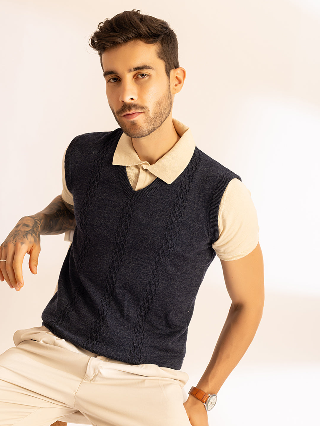 Cable Knit Sleeveless Vest Pullover I Wool I Woolmark Certified I Blue Melange