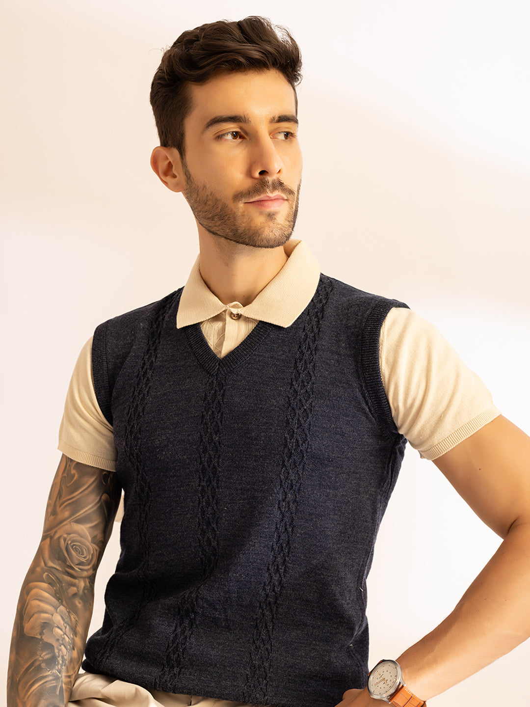 Cable Knit Sleeveless Vest Pullover I Wool I Woolmark Certified I Blue Melange
