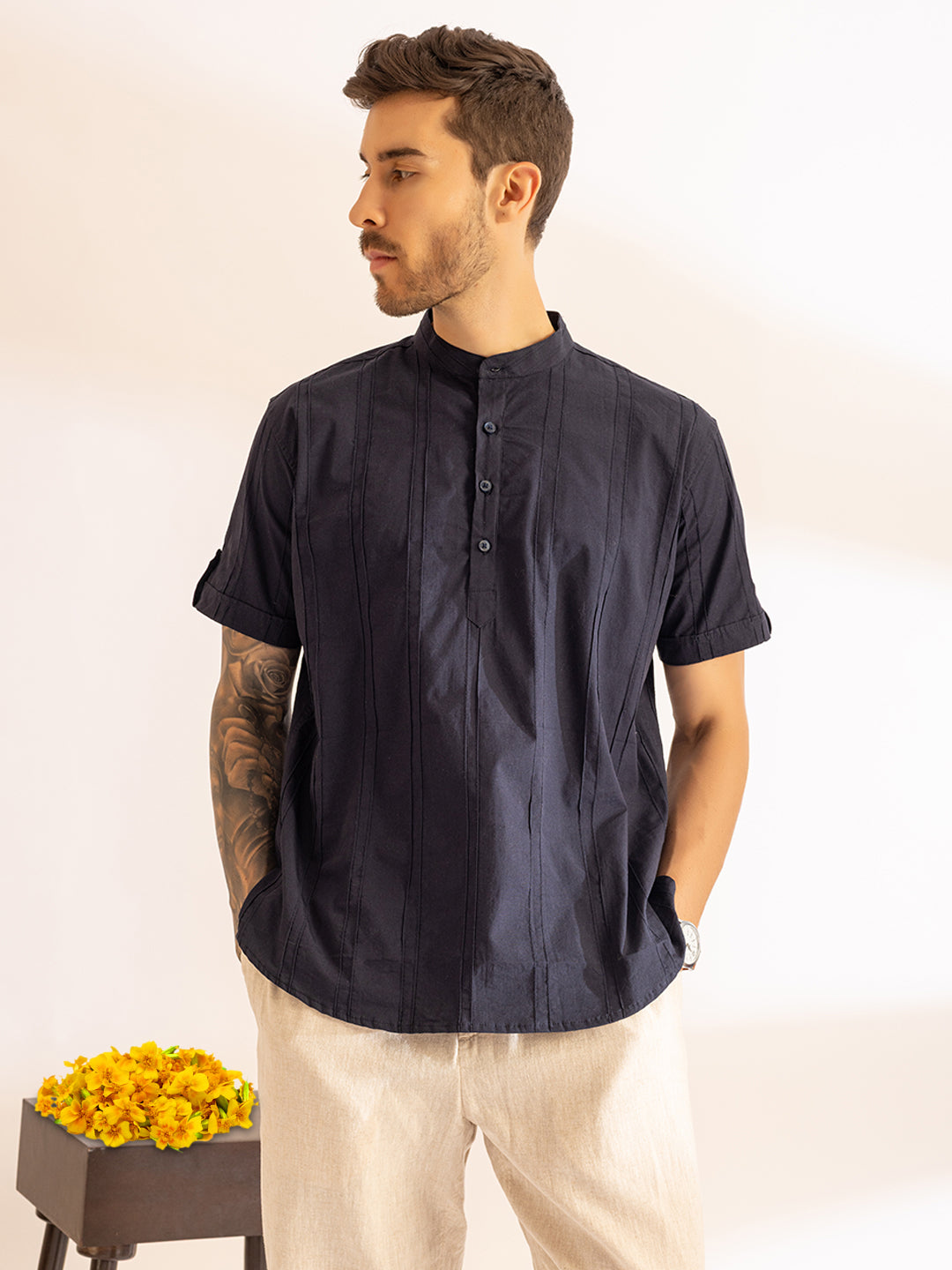 Pinstriped Festive Kurta Shirt I Half Sleeves I French Navy