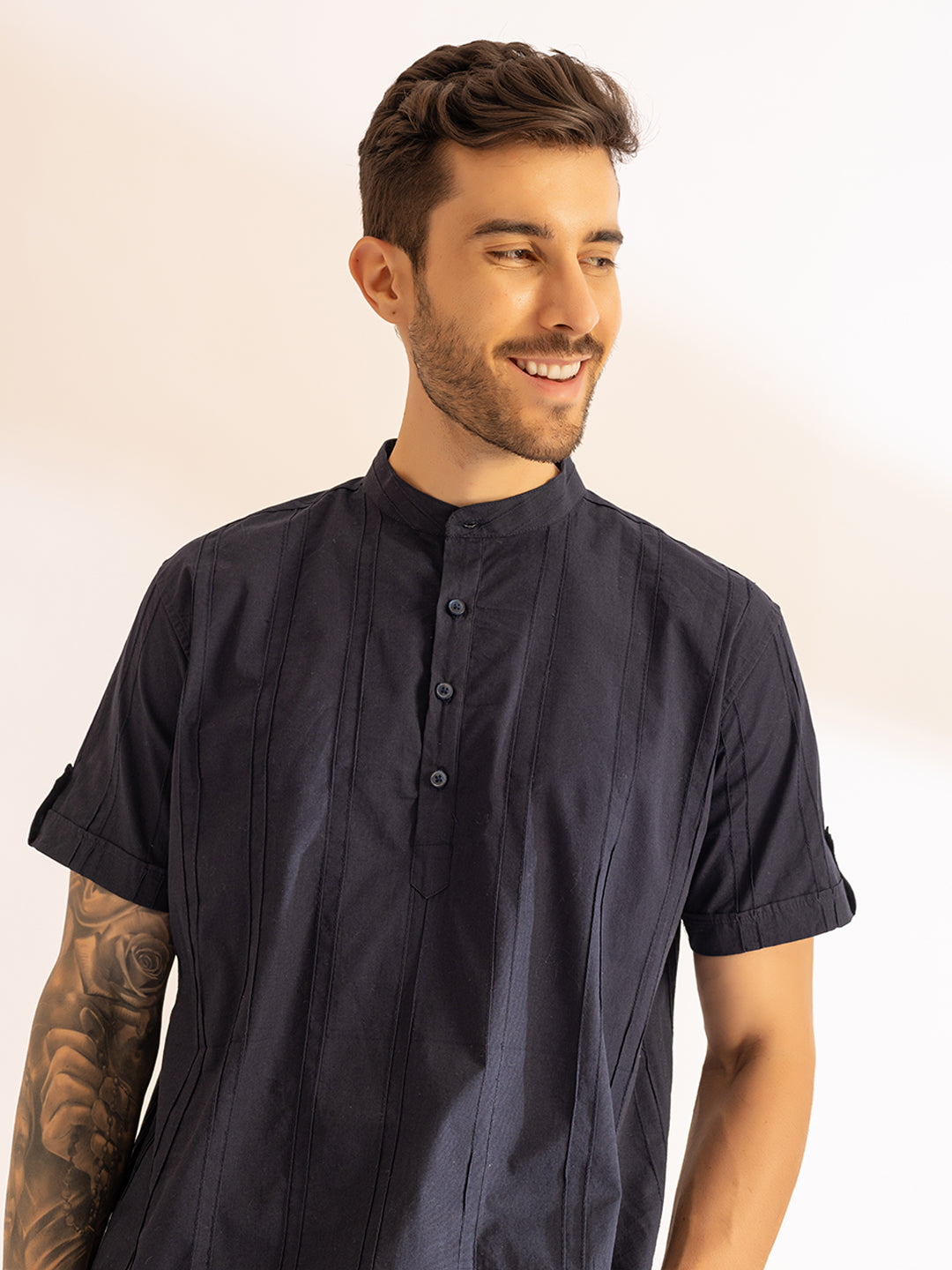 Pinstriped Festive Kurta Shirt I Half Sleeves I French Navy