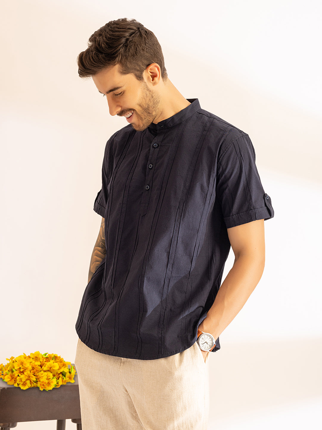 Pinstriped Festive Kurta Shirt I Half Sleeves I French Navy
