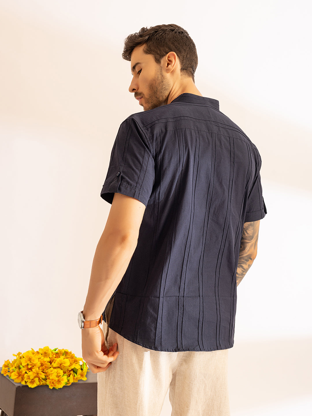 Pinstriped Festive Kurta Shirt I Half Sleeves I French Navy