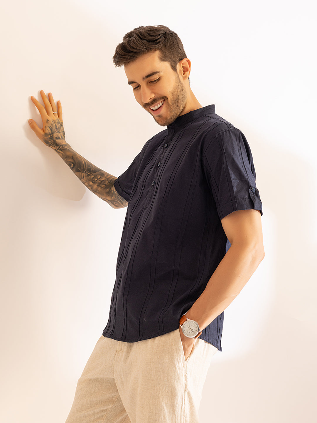 Pinstriped Festive Kurta Shirt I Half Sleeves I French Navy